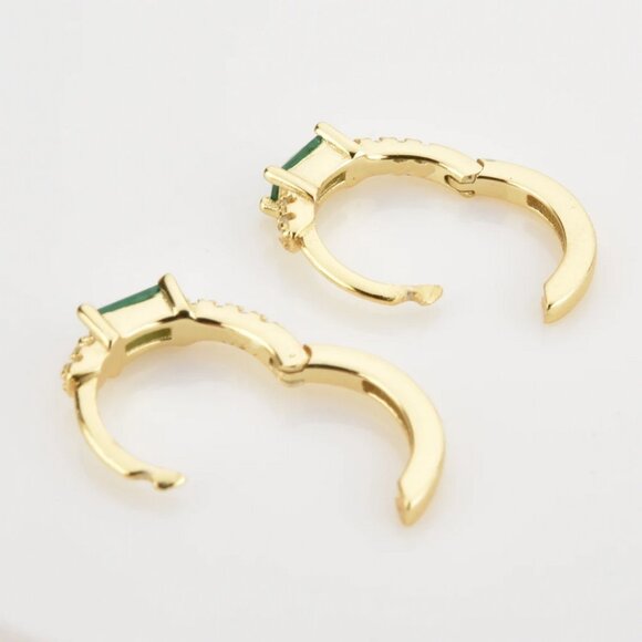 14K Gold 2ct Green Emerald 1ct Diamond Womens Huggie Hoop Gemstone Earrings NEW - Picture 6 of 6